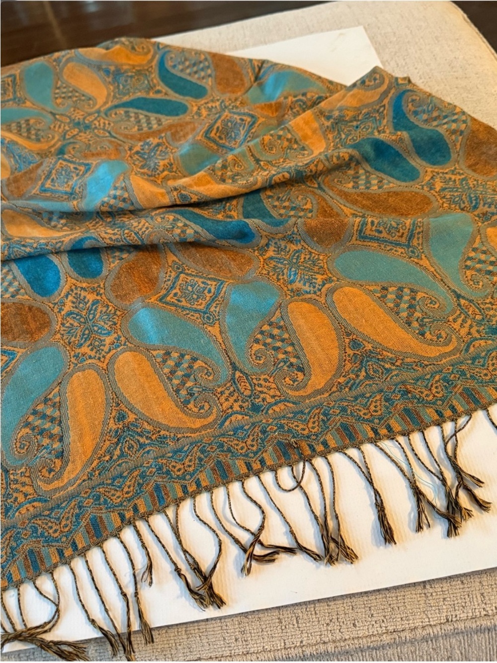 pashmina Silk Blend Teal and Mustard Paisley Pashmina Scarf - Picture 2 of 7